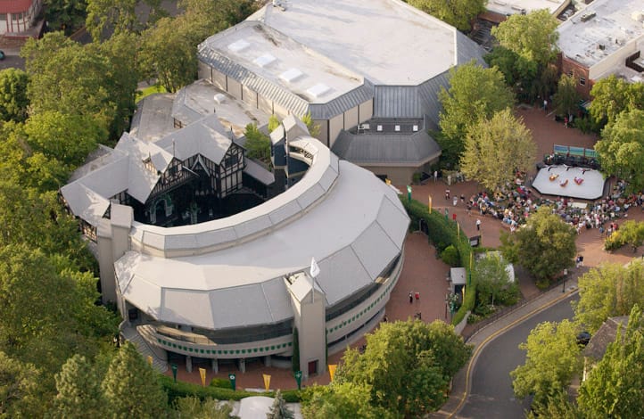 Aerial view of the Oregon Shakespeare Festival's theatres in Ashland, Oregon.